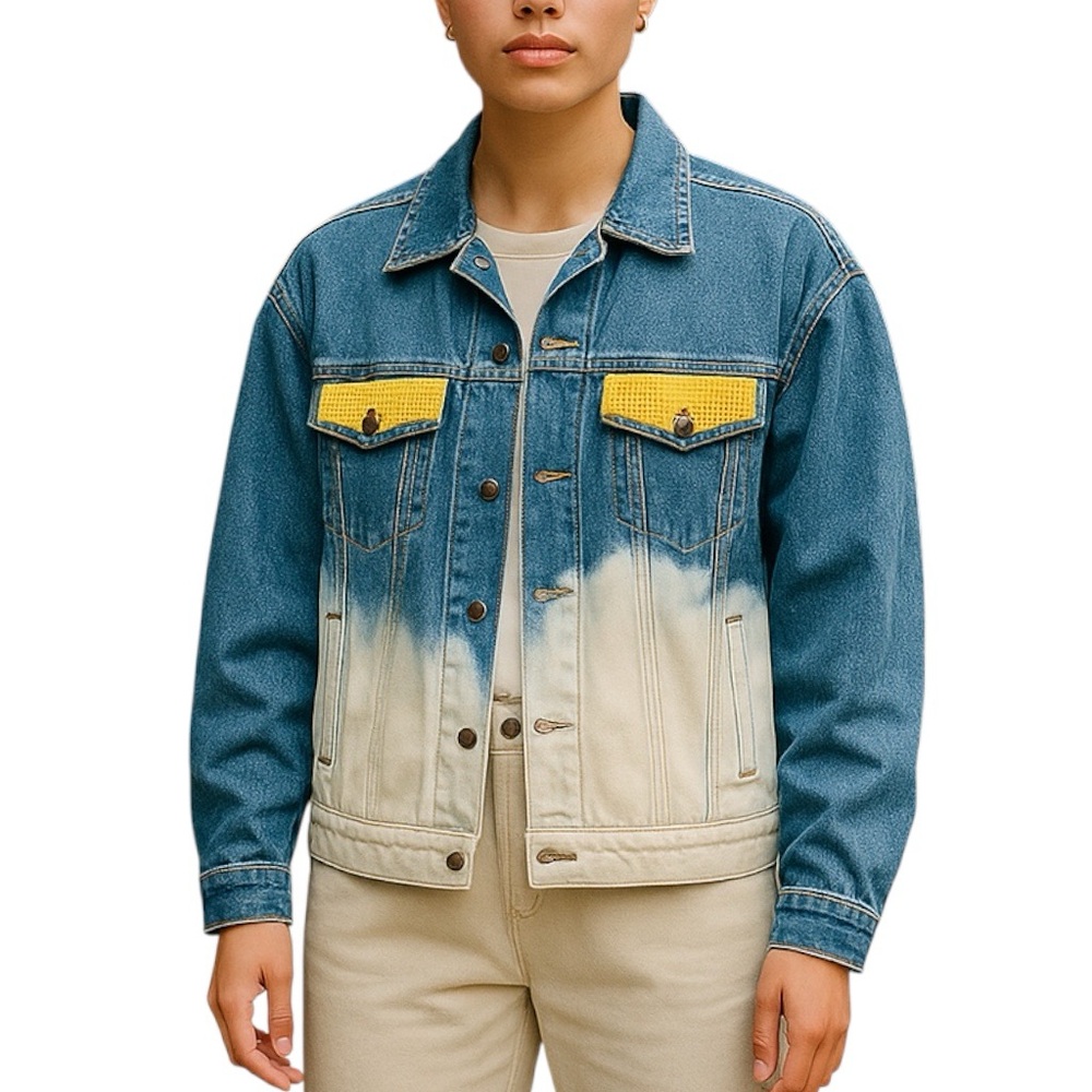 Custom Dip-Dyed Bleach Studded Thick Denim Boxy Jacket Unisex Oversized Small